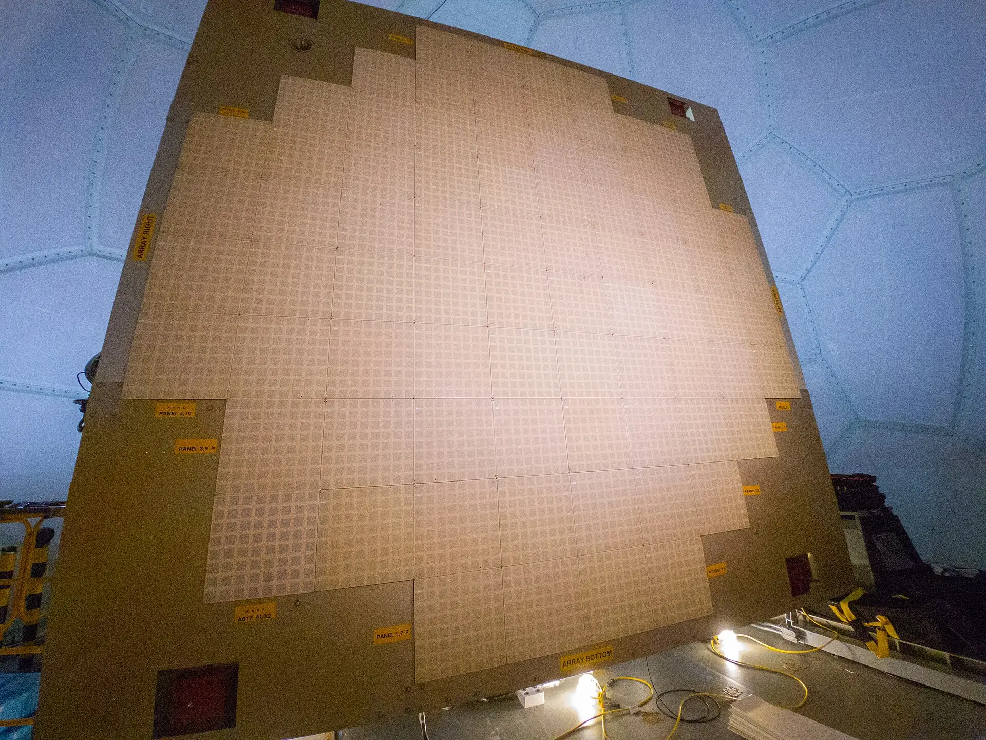 A large planar phased-array radar antenna under test